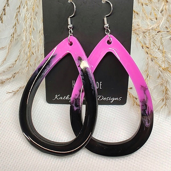 Oversized Teardrop Black Hot Pink Resin Earrings Large Handmade Unique Gift Ideas Jumbo Set Dangle Drop 80's Theme