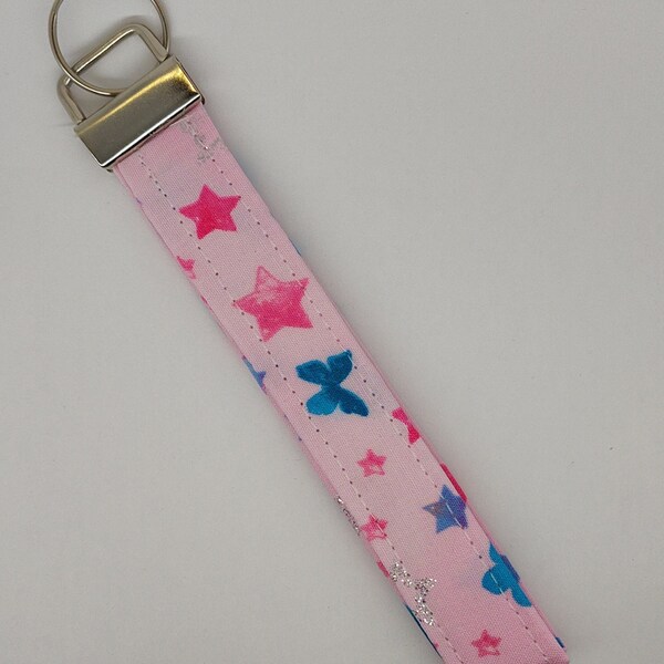 Butterfly Stars Pink Blue Fabric Pattern Keychain Key Fob Wristlet Handmade Gift For Women Lanyard Keychain Office Key Car Key Door Holder