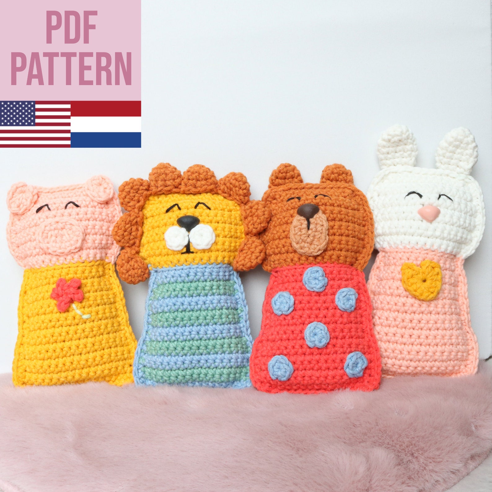 Crochet Pattern Paku the Lion, Sasa the Bear, Coco the Pig and Liva the ...