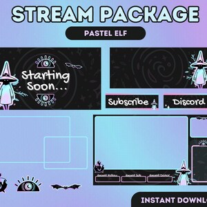 Peut inclure: Un pack de diffusion en streaming de couleur violet pastel et bleu avec un personnage de sorcière, un écran de démarrage imminent, un bouton d'abonnement, un bouton Discord et un écran de chat. Le pack comprend des superpositions, des alertes et des panneaux.