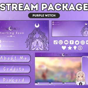 Peut inclure: Ensemble de bannières Twitch sur le thème de la sorcière violette avec un écran de démarrage, des boutons "à propos de moi", "crédits" et "discord", un panneau d'icônes de médias sociaux et une scène de diffusion en direct avec un fond violet et une fille de dessin animé.
