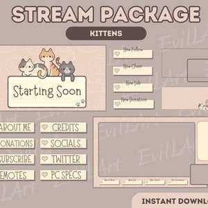 Könnte beinhalten: Eine rosa und braune digitale Stream-Overlay-Vorlage mit einer Cartoon-Illustration von drei Kätzchen. Das Overlay enthält Abschnitte für "Über mich", "Credits", "Spenden", "Social Media", "Abonnieren", "Twitter", "Emojis" und "PC-Spezifikationen". Das Overlay enthält auch ein Banner "Start bald" und Abschnitte für neue Follower, Cheers, Abonnenten und Spenden.