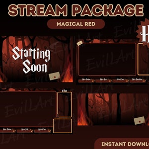 May include: A digital stream package with a magical red theme. The design includes a forest backdrop, the text "Starting Soon", and various overlay elements. The package also features the text "Instant Download".