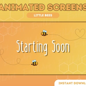 Peut inclure: Écran animé avec un fond en nid d'abeille jaune. Deux abeilles de dessin animé volent à travers l'écran avec une traînée de points. Le texte "Starting Soon" est au centre de l'écran. Le texte "Little Bees" est en haut de l'écran.
