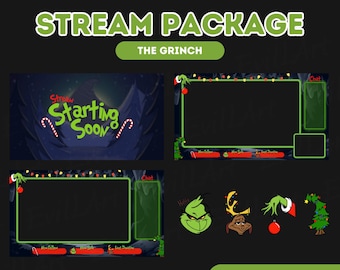 Pode incluir: Um pacote de streaming Twitch com tema natalino verde e vermelho com o Grinch. O pacote inclui uma tela de início, uma tela de bate-papo e quatro emoticons animados. Os emoticons representam o Grinch, Max o cão, uma árvore de Natal e um enfeite de Natal.