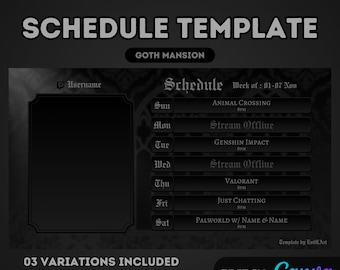 SCHEDULE TEMPLATE (x3) - Goth Mansion | Twitch | Stream | Overlays | Canvas | Vtuber | Spooky | Victorian | Gothic | Haunted | Ghost