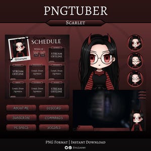 May include: A digital PNGTUBER overlay set in a dark red colour scheme, featuring a cartoon avatar with black hair, red eyes, and devil horns. Includes a stream schedule, buttons for About Me, Subscribe, and other options. Text reads "PNGTUBER Scarlet".