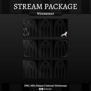 Op de afbeelding: Een donker, gotisch thema stream-pakket met de tekst "STREAM PACKAGE" en "WEDNESDAY". Het ontwerp toont boogvensters, een viool en een wit wezen. Het pakket is beschikbaar in PNG- en MP4-formaten.