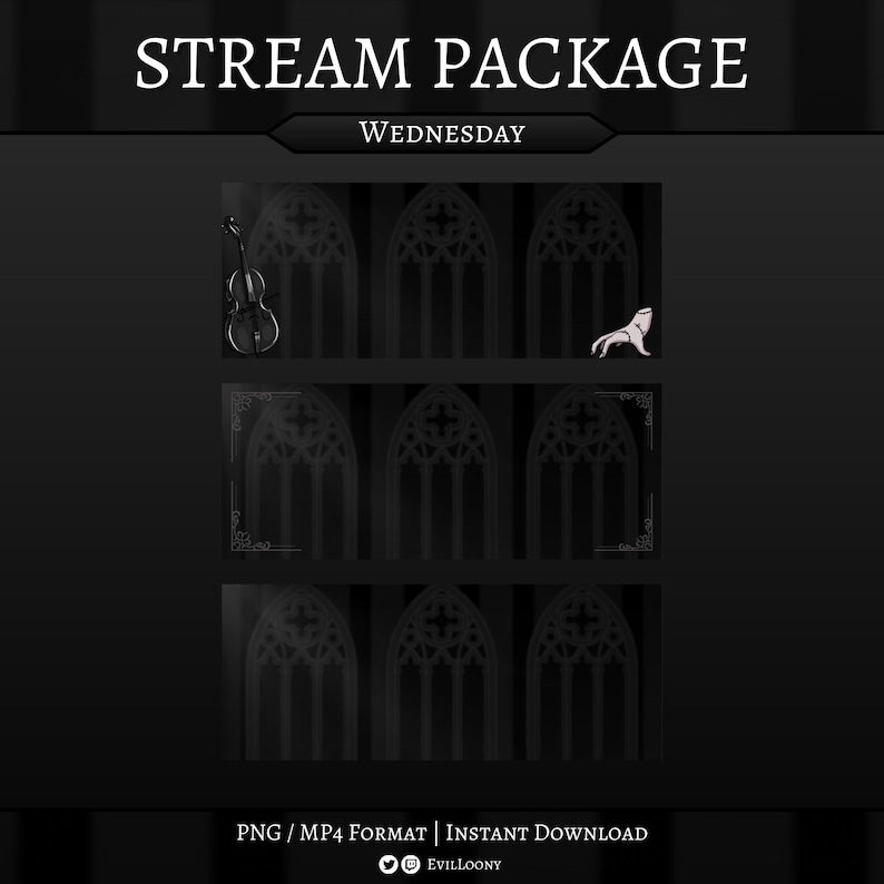 Op de afbeelding: Een donker, gotisch thema stream-pakket met de tekst "STREAM PACKAGE" en "WEDNESDAY". Het ontwerp toont boogvensters, een viool en een wit wezen. Het pakket is beschikbaar in PNG- en MP4-formaten.
