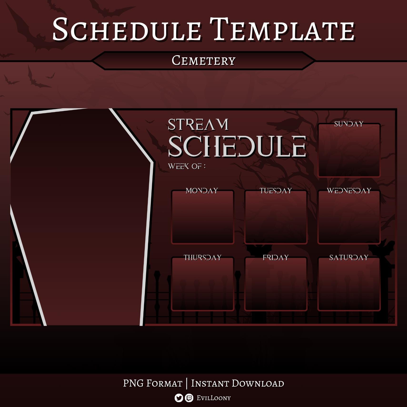 SCHEDULE TEMPLATE - Cemetery (Red) | Twitch | Stream | Overlays | Vtuber | Spooky | Gothic | Ghost | Halloween | Coffin | Bats | Graveyard