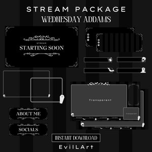 Peut inclure: Un pack de diffusion Twitch noir et blanc sur le thème de Mercredi Addams. Le pack comprend un écran de démarrage, une boîte de chat, un cadre de webcam, un panneau de médias sociaux et un panneau de dons. Le design présente une police gothique et des graphismes effrayants.