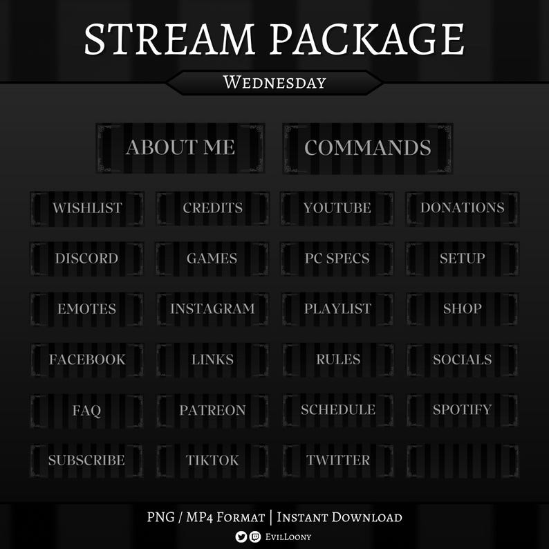 Op de afbeelding: Een digitaal stream-pakket met een donker thema, met knoppen zoals "About Me", "Commands", "Wishlist", "Credits", enz. De tekst "Stream Package" en "Wednesday" zijn ook aanwezig. Beschikbaar in PNG- en MP4-formaten.