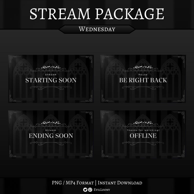 Op de afbeelding: Een digitaal stroompakket met een gotisch thema. Het ontwerp bevat vier panelen met tekst: "Starting Soon", "Be Right Back", "Ending Soon" en "Offline". De achtergrond is donker met decoratieve elementen en de tekst "Stream Package" en "Wednesday".