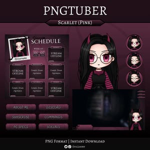 May include: A pink and black Twitch stream overlay with a schedule, about me, subscribe, PC specs, discord, commands, and socials buttons. The overlay features a cartoon girl with black hair and pink highlights wearing a black dress and red and black striped sleeves. The text "PNGTUBER SCARLET (PINK)" is at the top of the overlay.