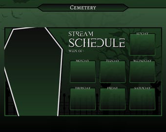 SCHEDULE TEMPLATE - Cemetery (Green) | Twitch | Stream | Overlays | Vtuber | Spooky | Gothic | Ghost | Halloween | Coffin | Bats | Graveyard