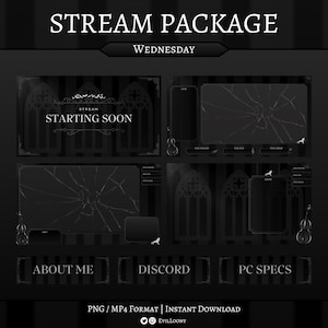Op de afbeelding: Een digitaal stroompakket met een gotisch thema. Het ontwerp heeft een zwart-wit kleurenschema met de tekst "STREAM PACKAGE" en "WEDNESDAY". Het pakket bevat verschillende stream overlays en panelen, met tekst die luidt "STARTING SOON", "ABOUT ME", "DISCORD" en "PC SPECS".