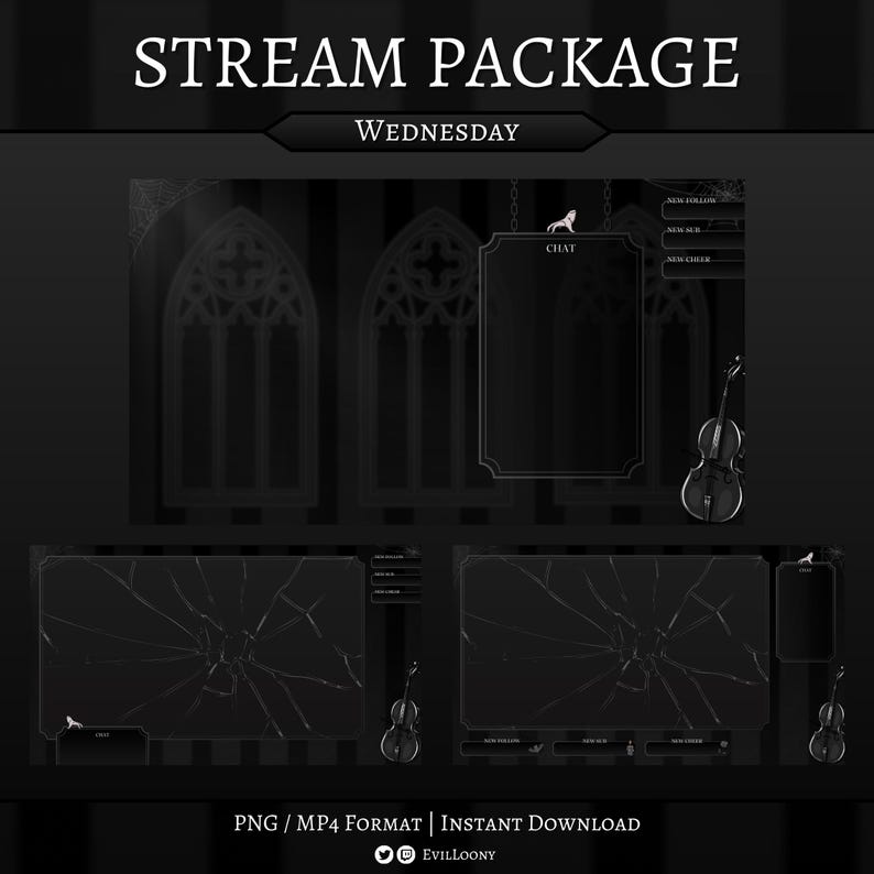 Op de afbeelding: Een zwart en grijs stream-pakket met de tekst "STREAM PACKAGE" en "WEDNESDAY". Het pakket bevat chatboxen, overlay-schermen met een gebarsten glaseffect en vioolillustraties. Beschikbaar in PNG- en MP4-formaten.