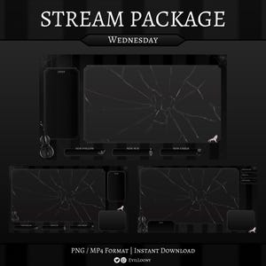 Op de afbeelding: Een zwart en grijs streaming overlay-pakket met de tekst "STREAM PACKAGE" en "WEDNESDAY". Het ontwerp bevat gebroken glaseffecten, een viool en wolfsilhouetten. Inclusief PNG- en MP4-formaten.