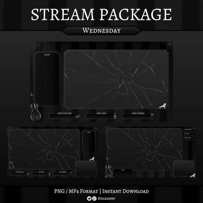 Op de afbeelding: Een zwart en grijs streaming overlay-pakket met de tekst "STREAM PACKAGE" en "WEDNESDAY". Het ontwerp bevat gebroken glaseffecten, een viool en wolfsilhouetten. Inclusief PNG- en MP4-formaten.