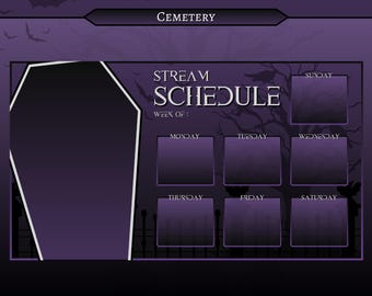 SCHEDULE TEMPLATE - Cemetery (Purple) | Twitch | Stream | Overlays | Vtuber | Spooky | Gothic | Ghost | Halloween | Coffin | Bats | Graveyard