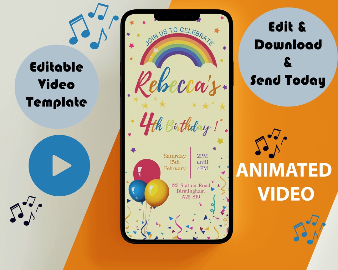 Rainbow Video Birthday Invitation Animated Birthday Rainbow Etsy