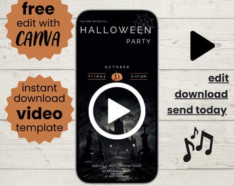 May include: A digital Halloween party invitation template with a black background and a spooky graveyard scene. The invitation includes the text "Halloween Party" and "Friday, October 31, 8:00 pm". Additional text includes "free edit with Canva" and "instant download video template".