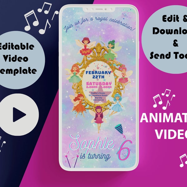 Princess Birthday Video Invitation, Digital Fairy Birthday Party Invite, Animated Princess Girl Birthday Party, Mobile Fairy Video Evite