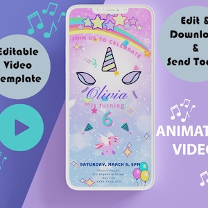 Electronic Unicorn Birthday Party Invite, Mobile Unicorn Birthday Party Invitation, Animated Rainbow Girl Birthday, Digital Unicorn Evite