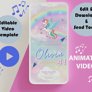 Invito video per compleanno di una bambina con unicorno, festa di compleanno digitale con unicorno, invito per compleanno con unicorno arcobaleno, modello digitale per compleanno di una principessa