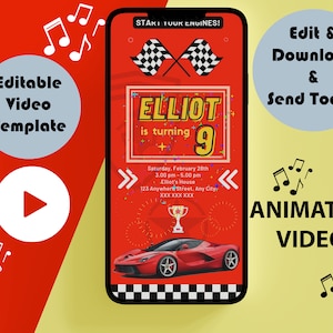 Cars video verjaardagsuitnodiging, digitale Boy Cars verjaardagsfeestje, geanimeerde raceauto mobiel uitnodigen, Instant Download sjabloon raceauto&#39;s