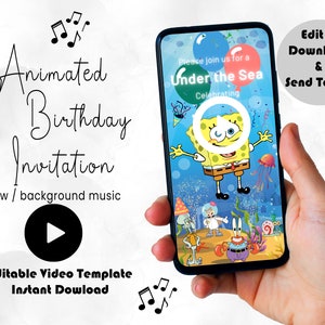 Spongebob verjaardag video-verjaardagsuitnodiging, geanimeerde spongebob verjaardagsfeestje uitnodigen, mobiele kinderen verjaardag uitnodigen, digitale cartoon uitnodigen