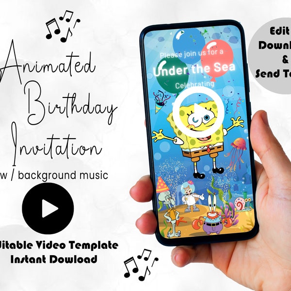 Spongebob Birthday Video Invitation, Animated Spongebob Birthday Party Invite, Mobile Kids Birthday Invite, Digital Cartoon Invite