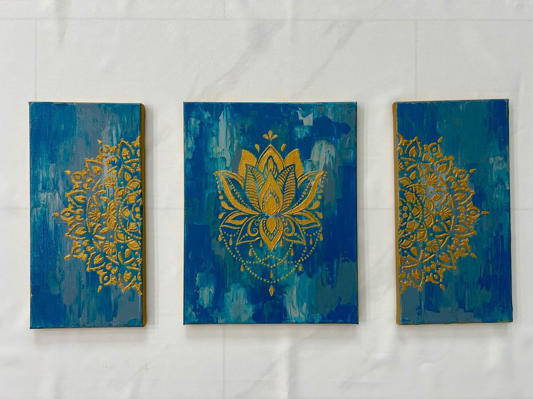 Lotus Mandala Wall Art Set – Hand-painted Boho Canvas for Peaceful ...