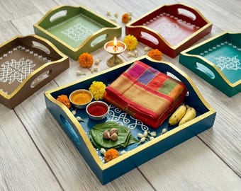 Handcrafted Wooden Kolam Tray | Indian Pooja Decor, Diwali Gift "6x6inch"