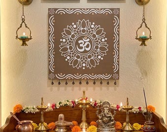 10" Lotus OM Kolam Wood Decor | Hindu Spiritual Mandala Wall Art (Pooja Room)