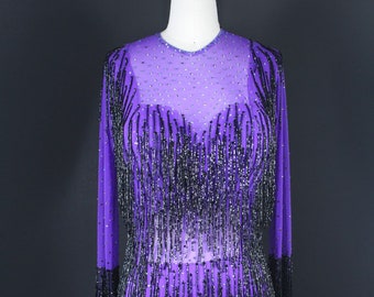 Long Sleeves Black Purple Latin Dance Dress with Full of Stones and Beaded Fringes, Dance Competition Dress