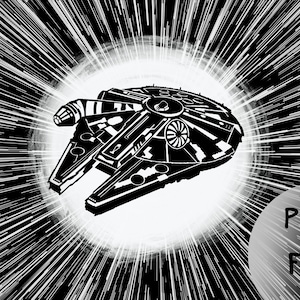 Puede incluir: Una ilustración en blanco y negro del Millennium Falcon, la nave espacial de Star Wars, volando a través del hiperespacio. La nave está rodeada de una luz blanca y rayas de luz.