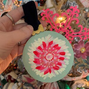 4 Inch Round Hand-Painted Floral Rose Mint Green and Pink Christmas Ornament with Blue Velvet Ribbon