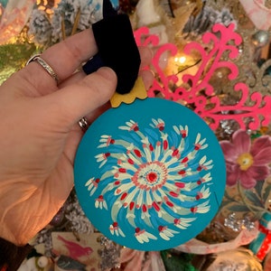 4 Inch Round Hand-Painted Floral Rose Turquoise and Blue Christmas Ornament with Velvet Ribbon