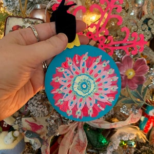 4 Inch Round Hand-Painted Floral Rose Turquoise and Neon Pink Christmas Ornament with Blue Velvet Ribbon