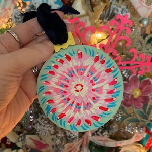 4 Inch Round Hand-Painted Floral Rose Mint Green and Pink Christmas Ornament with Blue Velvet Ribbon