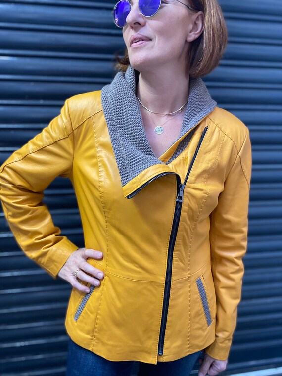 Women s Yellow Genuine Lambskin Soft Leather Jacket Women s Knit Collar Lambskin Leather Jacket Stylish Slim Fit Etsy