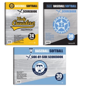 May include: Three baseball and softball scorebooks with different team logos and designs. The scorebooks are spiral bound and have a black and white color scheme. The scorebooks are for 24 and 30 games.