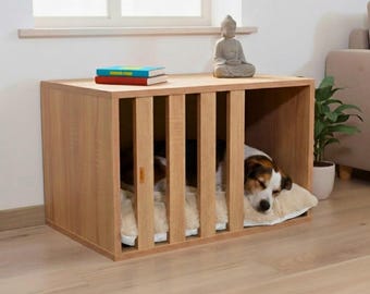 Handgefertigtes, modernes Hundehaus aus Holz mit antiallergenem Kissen