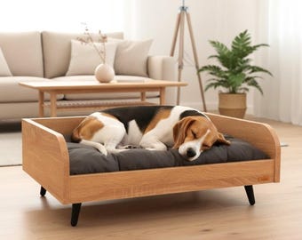Letto per cani moderno in legno fatto a mano con cuscino anallergico