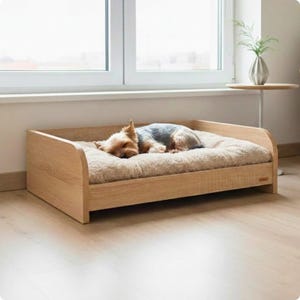 Handgemaakt modern houten hondenbed met anti-allergisch kussen