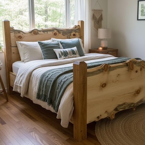 May include: A rustic wooden bed frame with a natural edge headboard and footboard. The bed is made up with white and green bedding, including pillows and a fringed throw blanket. A small side table with a lamp and a plant on a stool are visible.