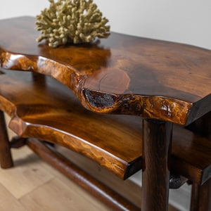 Live Edge Entryway Console Table with Shelf and Rustic Log Base Honey Pine