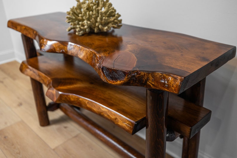 Live Edge Entryway Console Table with Shelf and Rustic Log Base Honey Pine