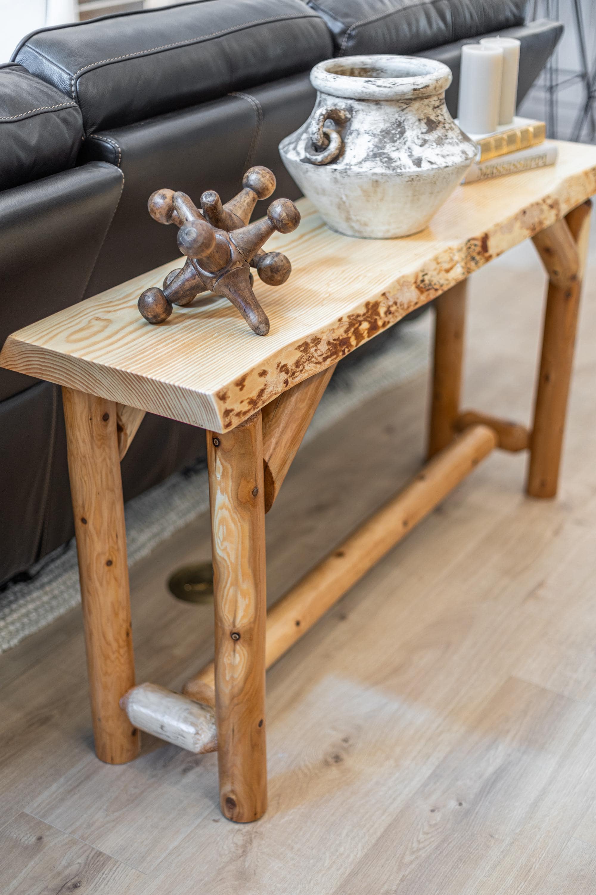 Rustic Live Edge Log Sofa Table: White Cedar Legs Solid Pine Top Rustic Live Edge Log Sofa Table: White Cedar Legs Solid Pine Top